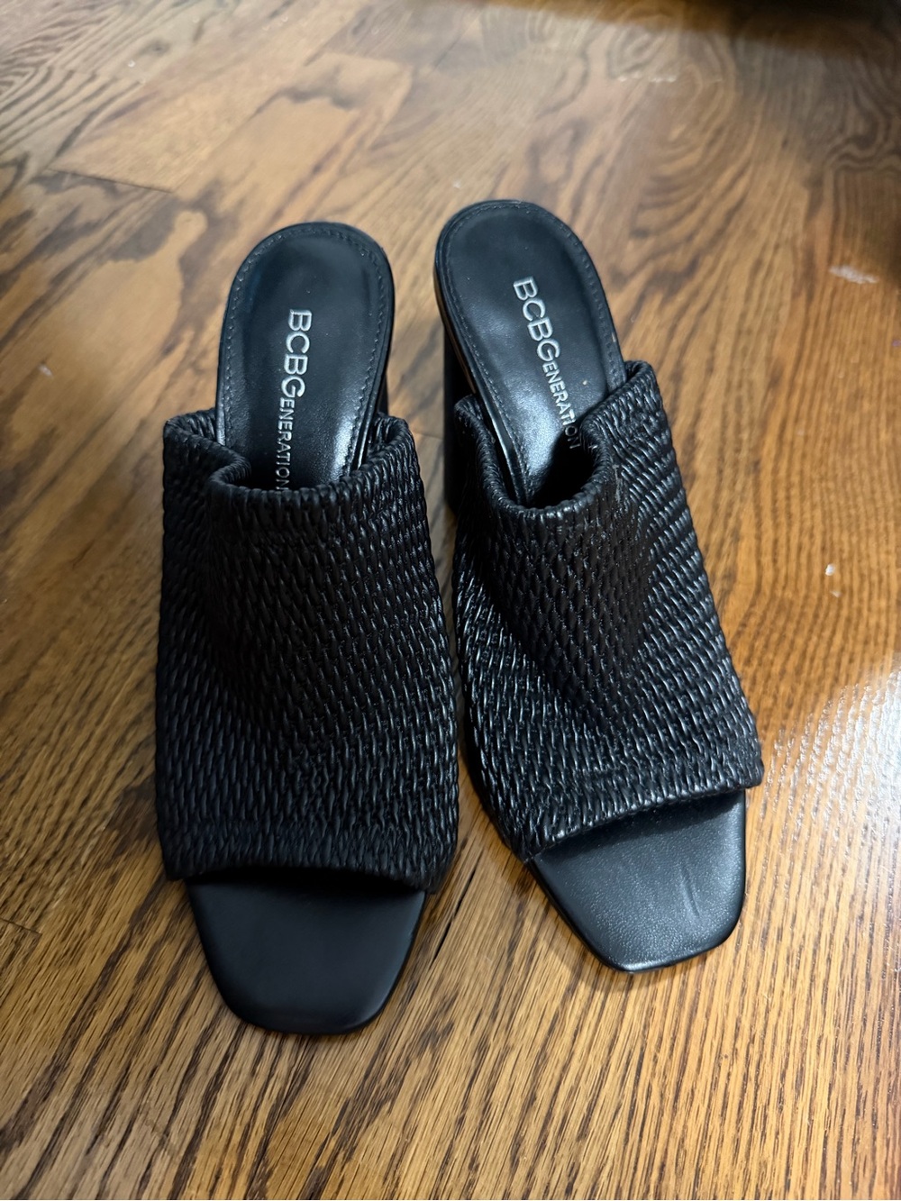 BCBGeneration Women's Black Woven Slide Sandal Heels